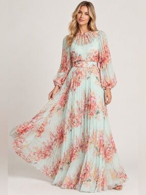 Teri Jon by Rickie Freeman Floral Pleated Chiffon Maxi Gown Size 2